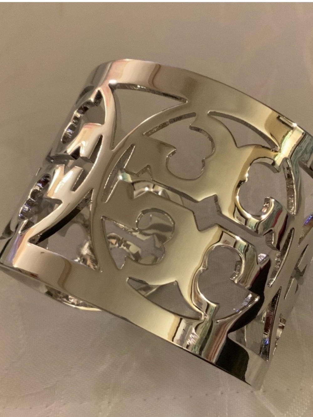 Tory Burch Wide Silver Logo Cutout Cuff Bracelet